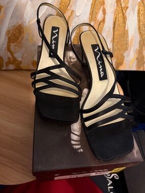 Nina Black Strappy Square-Toe Slingback Heels
